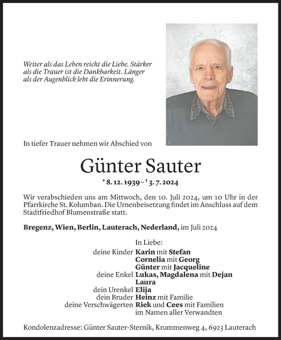 Todesanzeige von Günter Sauter von Vorarlberger Nachrichten