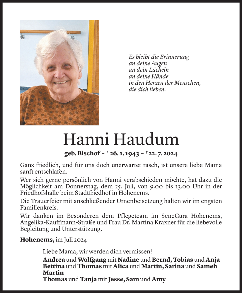  Todesanzeige für Hanni Haudum vom 24.07.2024 aus Vorarlberger Nachrichten