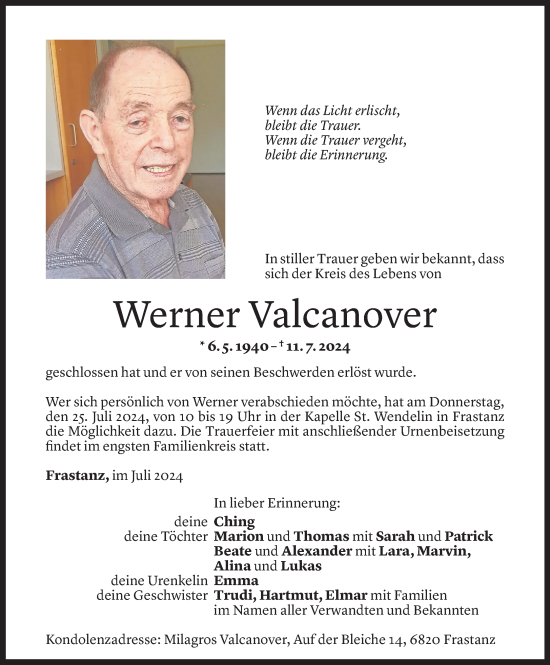 Todesanzeige von Werner Valcanover von Vorarlberger Nachrichten