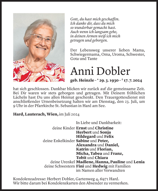 Todesanzeige von Anni Dobler von Vorarlberger Nachrichten