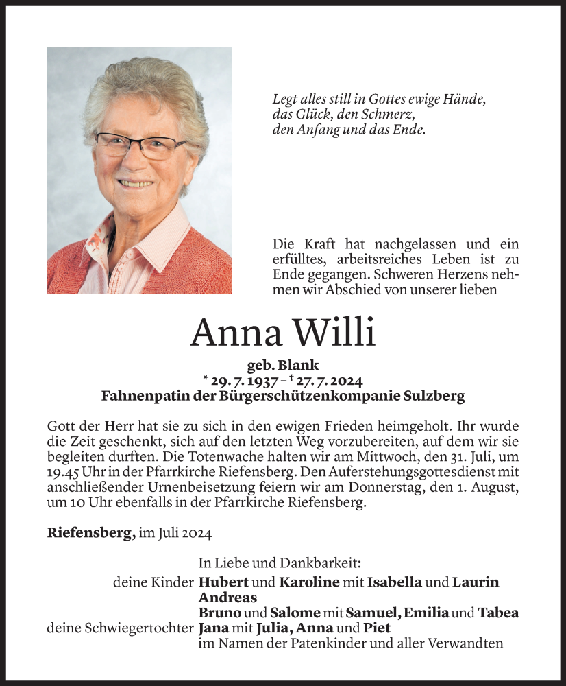  Todesanzeige für Anna Willi vom 29.07.2024 aus Vorarlberger Nachrichten