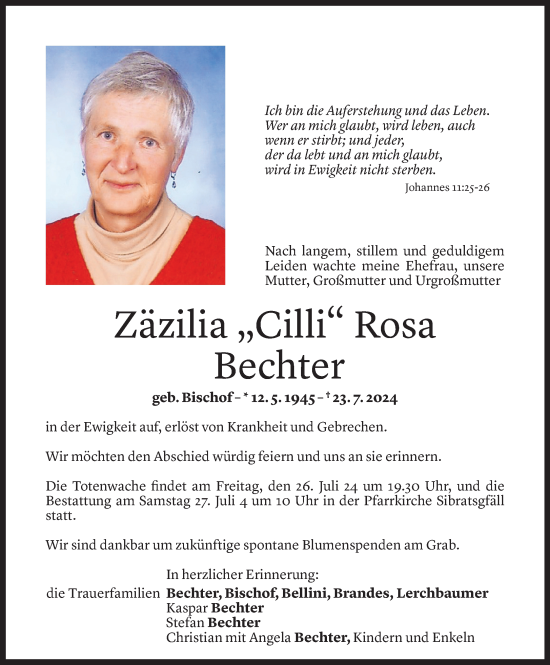 Todesanzeige von Zäzilia Bechter von Vorarlberger Nachrichten