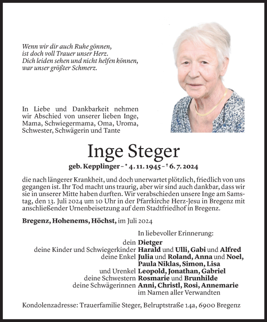 Todesanzeige von Inge Steger von Vorarlberger Nachrichten
