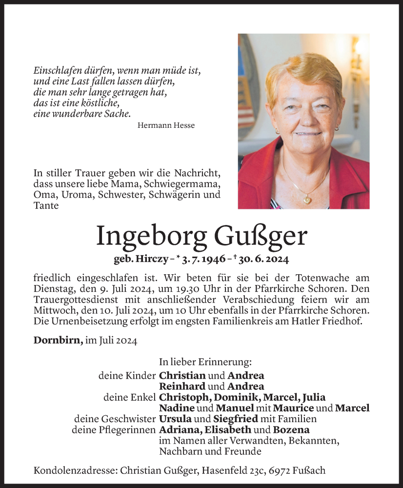  Todesanzeige für Ingeborg Gußger vom 05.07.2024 aus Vorarlberger Nachrichten