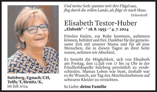 Todesanzeige von Elisabeth Testor-Huber von Vorarlberger Nachrichten
