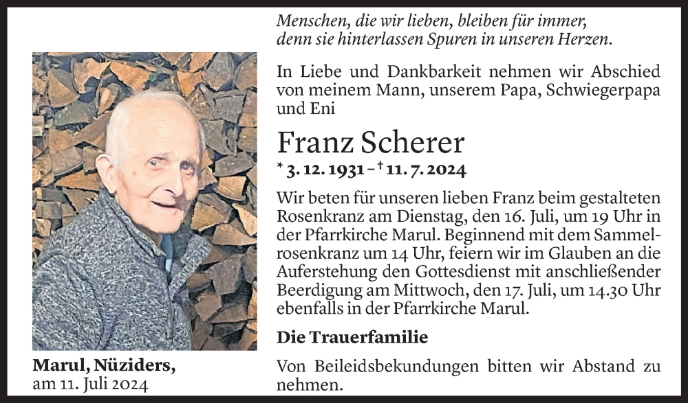  Todesanzeige für Franz Scherer vom 12.07.2024 aus Vorarlberger Nachrichten