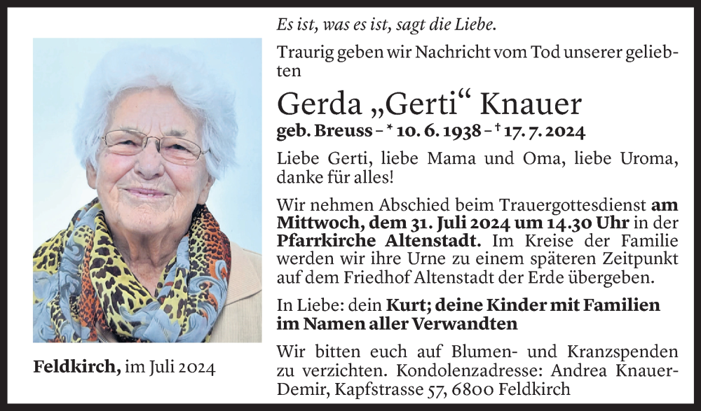  Todesanzeige für Gerda Knauer vom 27.07.2024 aus Vorarlberger Nachrichten