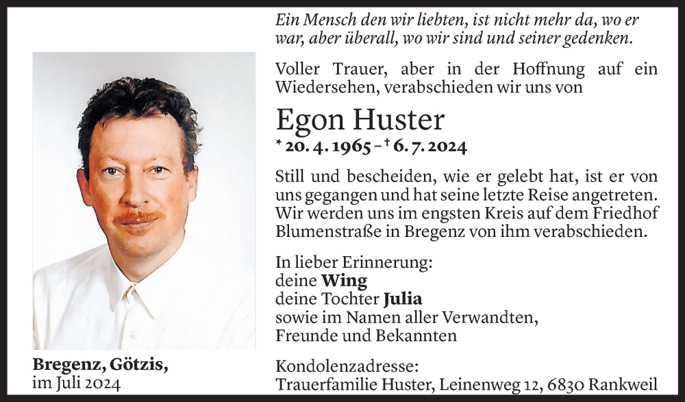  Todesanzeige für Egon Huster vom 13.07.2024 aus Vorarlberger Nachrichten