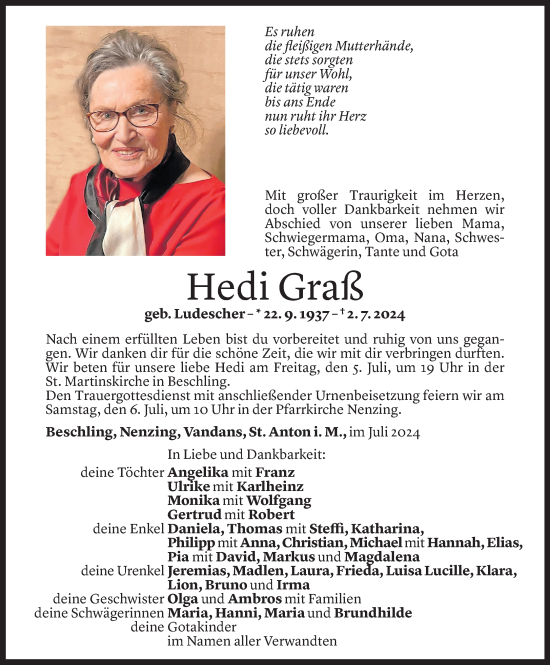 Todesanzeige von Hedwig Graß von Vorarlberger Nachrichten