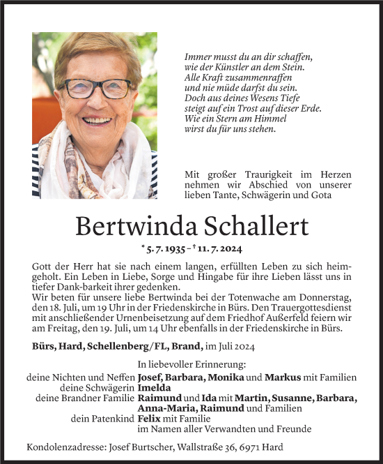 Todesanzeige von Bertwinda Schallert von Vorarlberger Nachrichten