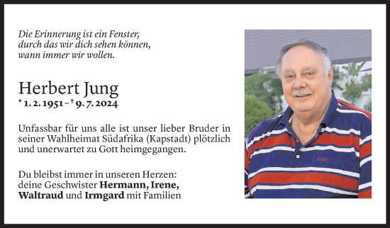 Todesanzeige von Herbert Jung von Vorarlberger Nachrichten