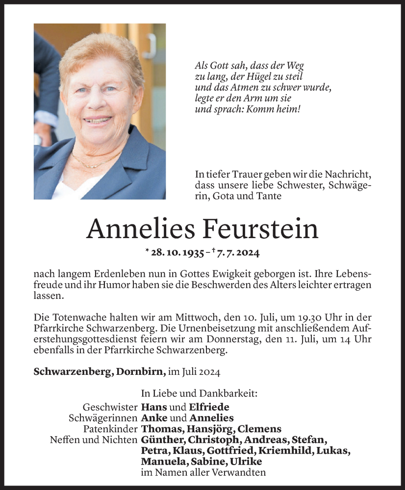  Todesanzeige für Annelies Feurstein vom 09.07.2024 aus Vorarlberger Nachrichten