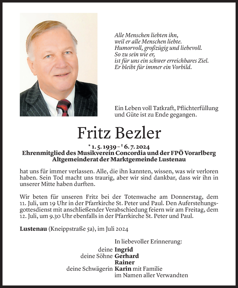  Todesanzeige für Fritz Bezler vom 09.07.2024 aus Vorarlberger Nachrichten