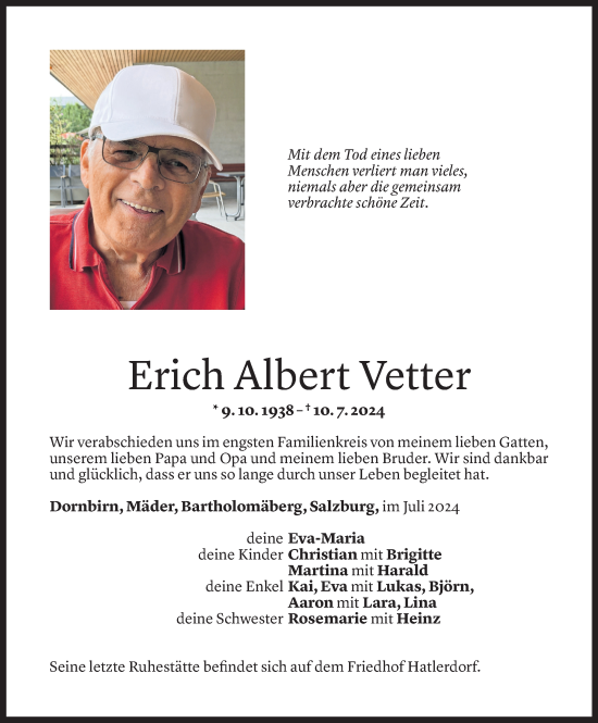 Todesanzeige von Erich Albert Vetter von Vorarlberger Nachrichten