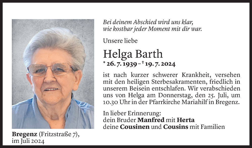  Todesanzeige für Helga Barth vom 19.07.2024 aus Vorarlberger Nachrichten