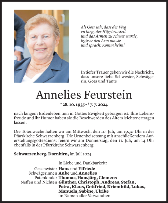 Todesanzeige von Annelies Feurstein von Vorarlberger Nachrichten