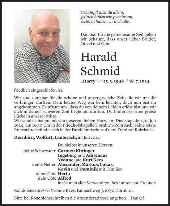 Todesanzeige von Harald Schmid von Vorarlberger Nachrichten