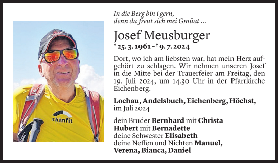Todesanzeige von Josef Meusburger von Vorarlberger Nachrichten