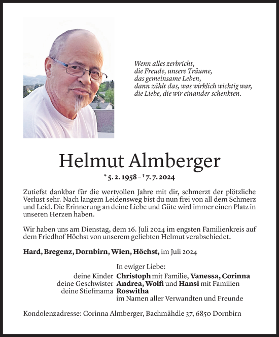 Todesanzeige von Helmut Almberger von Vorarlberger Nachrichten