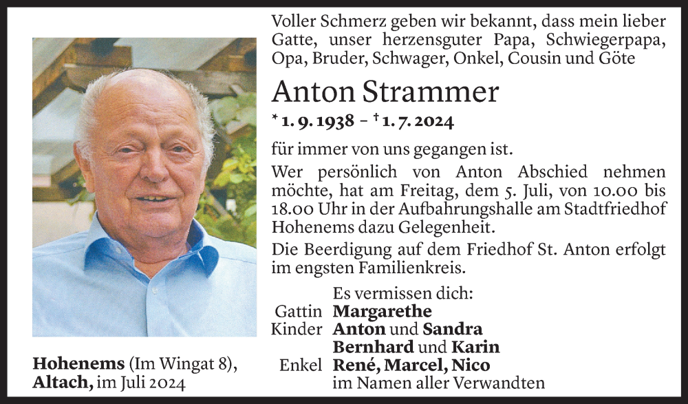  Todesanzeige für Anton Strammer vom 04.07.2024 aus Vorarlberger Nachrichten