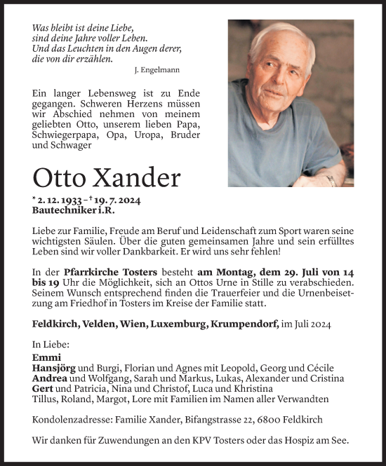 Todesanzeige von Otto Xander von Vorarlberger Nachrichten