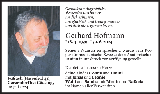Todesanzeige von Gerhard Hofmann von Vorarlberger Nachrichten