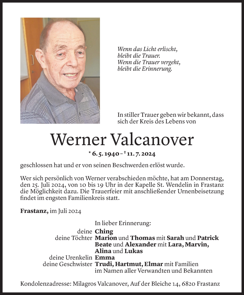  Todesanzeige für Werner Valcanover vom 20.07.2024 aus Vorarlberger Nachrichten