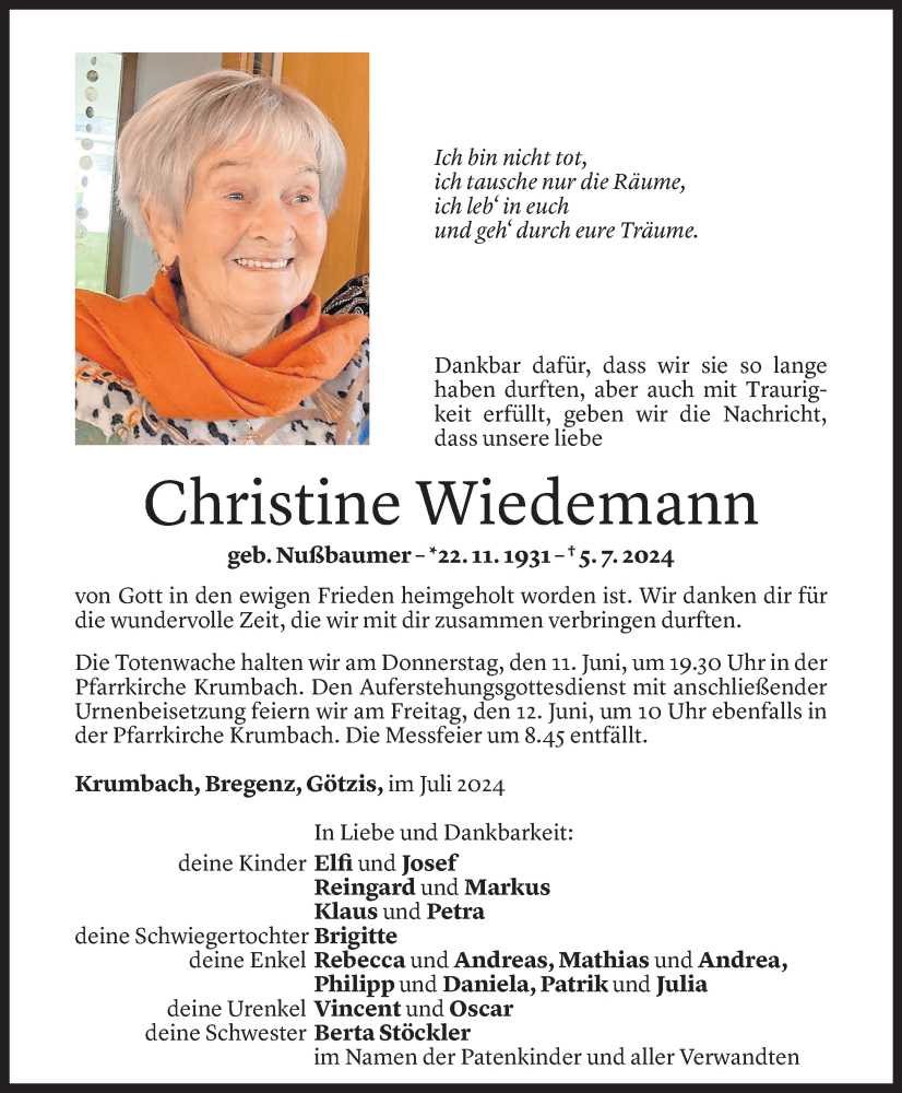  Todesanzeige für Christine Wiedemann vom 10.07.2024 aus Vorarlberger Nachrichten