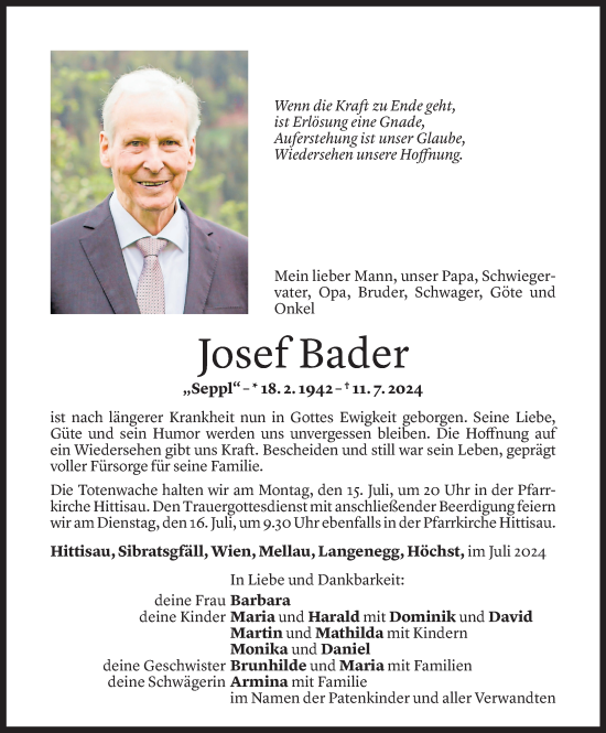 Todesanzeige von Josef Bader von Vorarlberger Nachrichten
