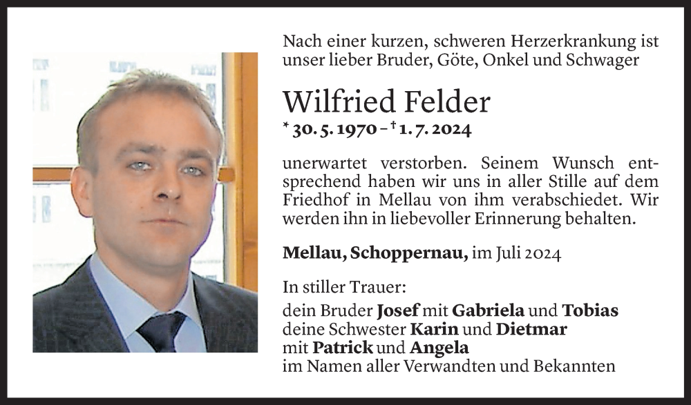  Todesanzeige für Wilfried Felder vom 08.07.2024 aus Vorarlberger Nachrichten