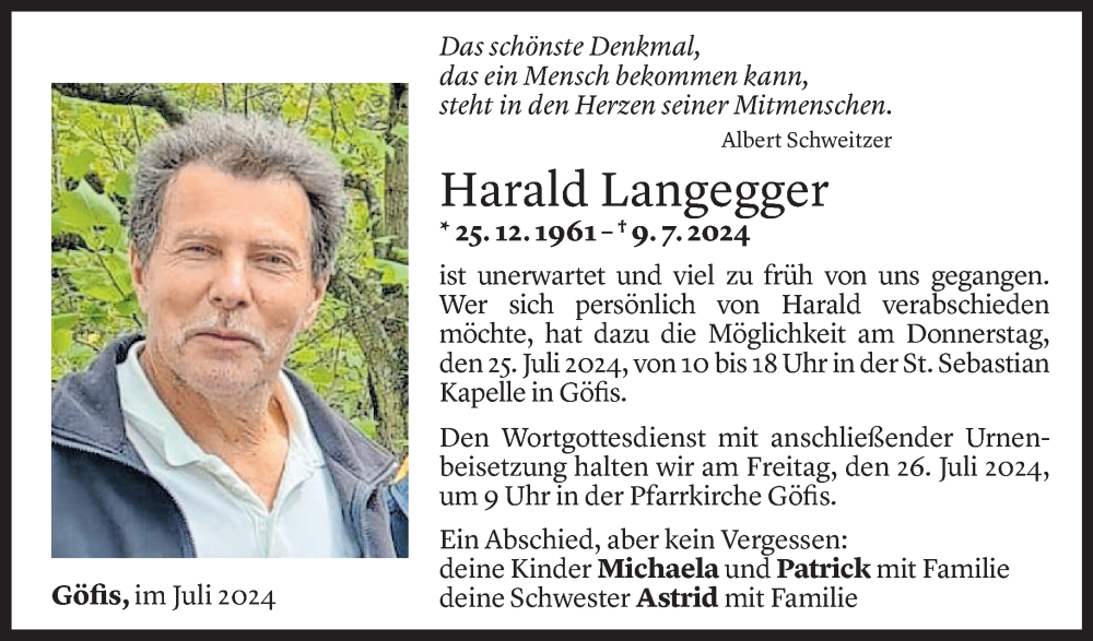  Todesanzeige für Harald Langegger vom 19.07.2024 aus Vorarlberger Nachrichten