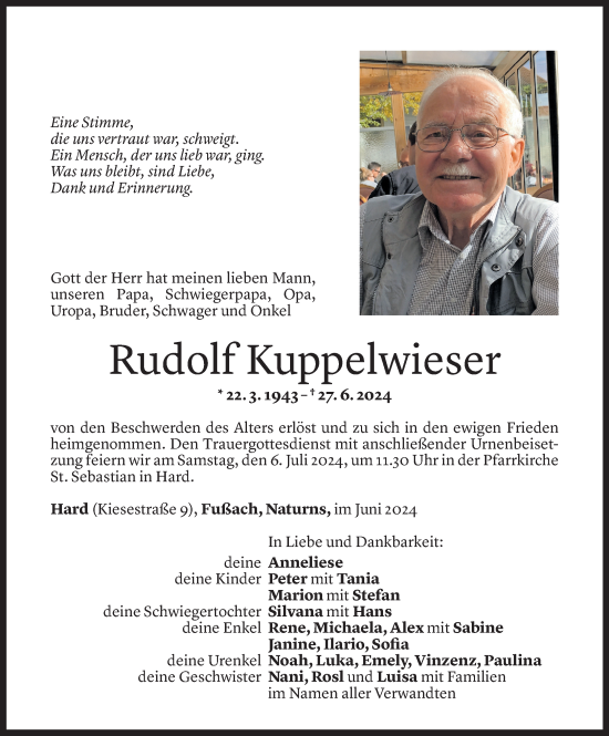 Todesanzeige von Rudolf Kuppelwieser von Vorarlberger Nachrichten