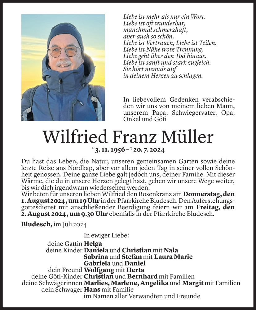  Todesanzeige für Wilfried Franz Müller vom 30.07.2024 aus Vorarlberger Nachrichten