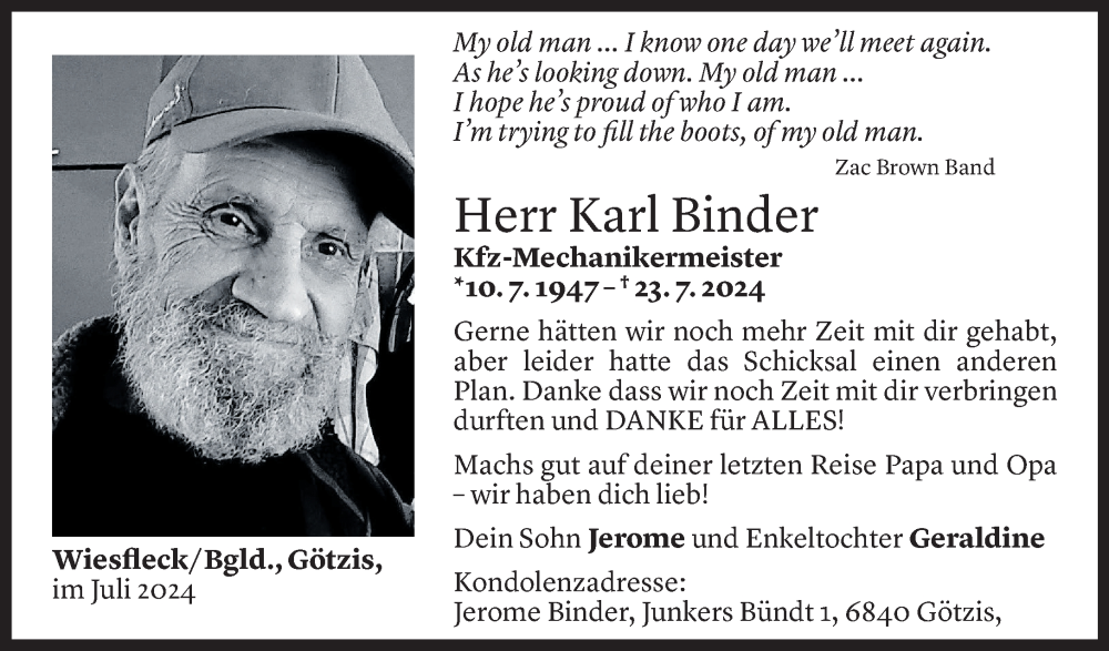  Todesanzeige für Karl Binder vom 26.07.2024 aus Vorarlberger Nachrichten