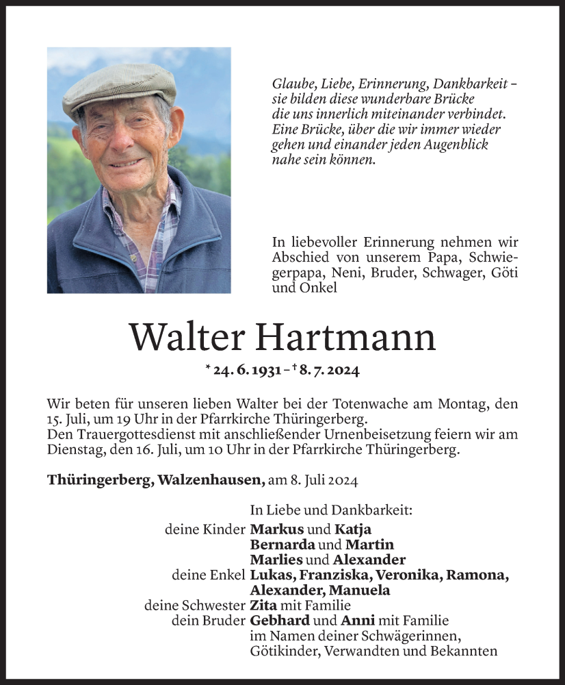  Todesanzeige für Walter Hartmann vom 13.07.2024 aus Vorarlberger Nachrichten