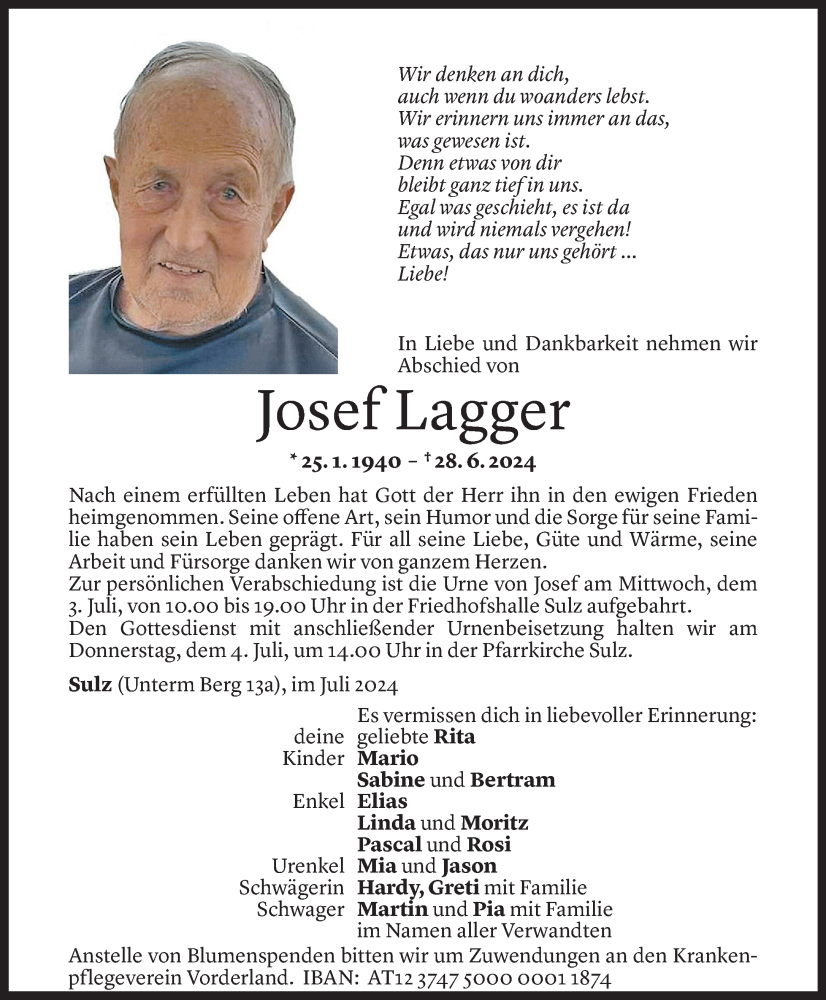  Todesanzeige für Josef Lagger vom 02.07.2024 aus Vorarlberger Nachrichten