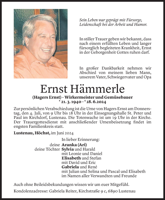 Todesanzeige von Ernst Hämmerle von Vorarlberger Nachrichten