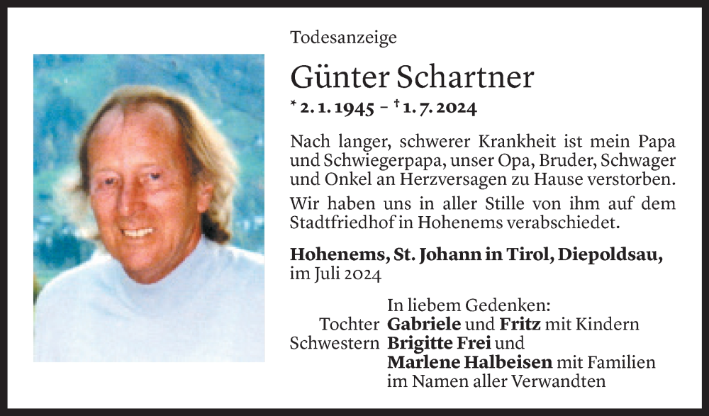  Todesanzeige für Günter Schartner vom 31.07.2024 aus Vorarlberger Nachrichten