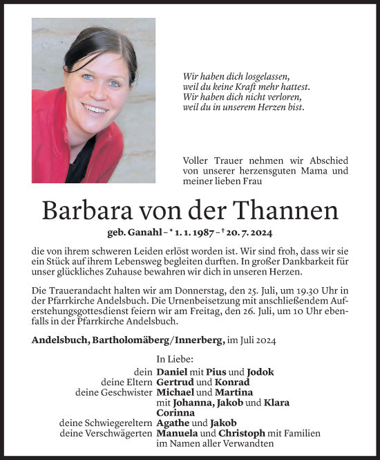 Todesanzeige von Barbara Von der Thannen von Vorarlberger Nachrichten