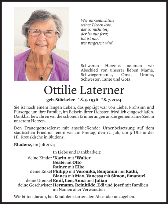 Todesanzeige von Ottilie Laterner von Vorarlberger Nachrichten