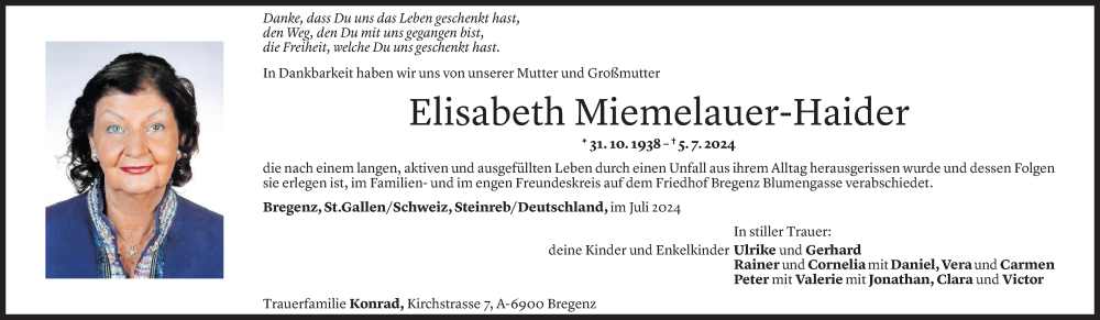  Todesanzeige für Elisabeth Miemelauer-Haider vom 20.07.2024 aus Vorarlberger Nachrichten