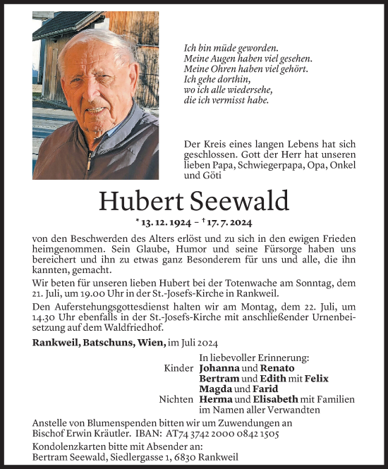 Todesanzeige von Hubert Seewald von Vorarlberger Nachrichten