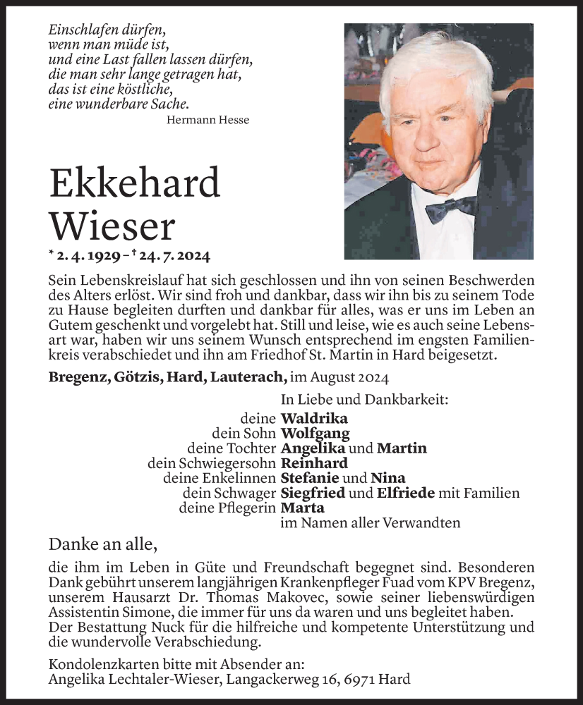  Todesanzeige für Ekkehard Wieser vom 02.08.2024 aus Vorarlberger Nachrichten