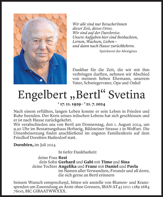 Todesanzeige von Engelbert Svetina von Vorarlberger Nachrichten
