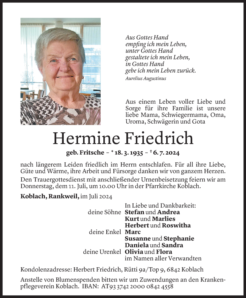  Todesanzeige für Hermine Friedrich vom 09.07.2024 aus Vorarlberger Nachrichten