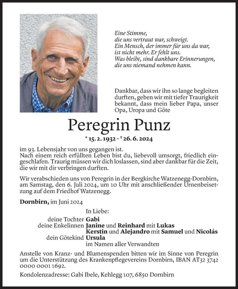  Todesanzeige für Peregrin Punz vom 02.07.2024 aus Vorarlberger Nachrichten