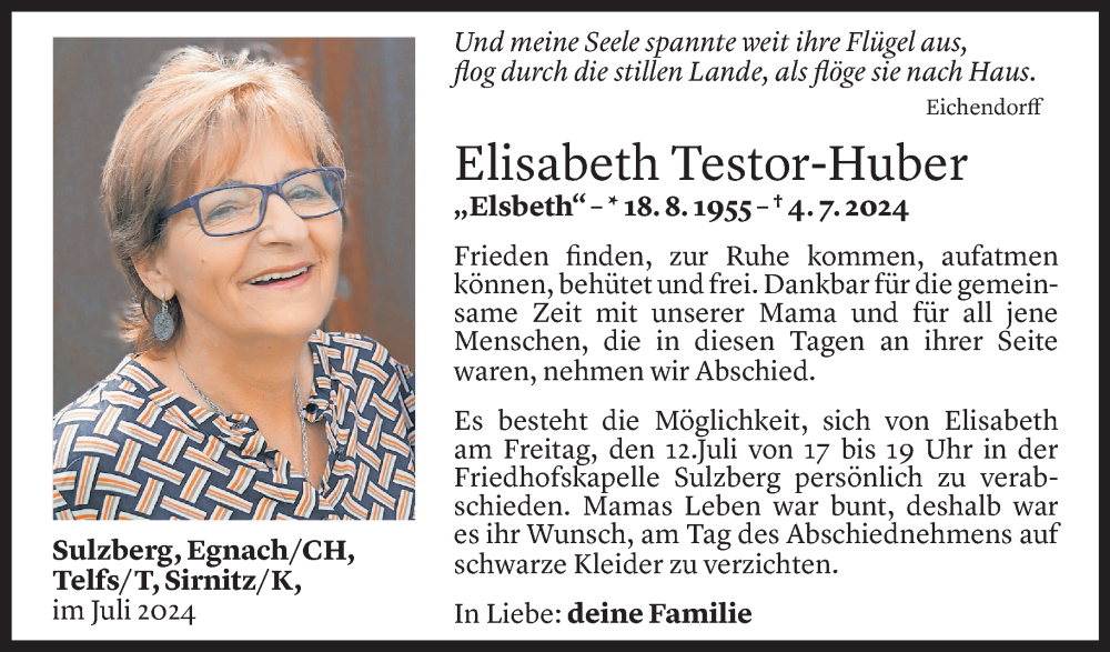  Todesanzeige für Elisabeth Testor-Huber vom 11.07.2024 aus Vorarlberger Nachrichten