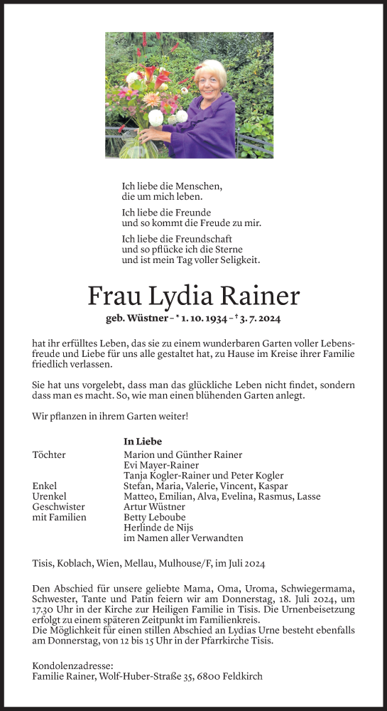  Todesanzeige für Lydia Rainer vom 15.07.2024 aus Vorarlberger Nachrichten