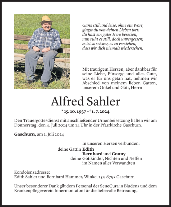 Todesanzeige von Alfred Sahler von Vorarlberger Nachrichten