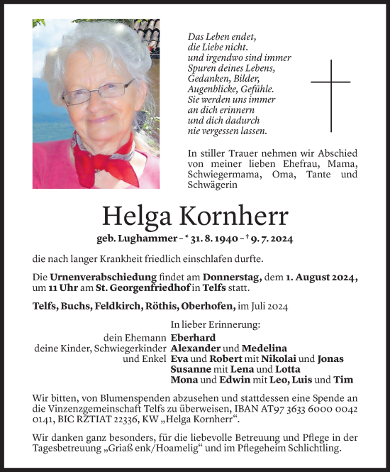 Todesanzeige von Helga Kornherr von Vorarlberger Nachrichten
